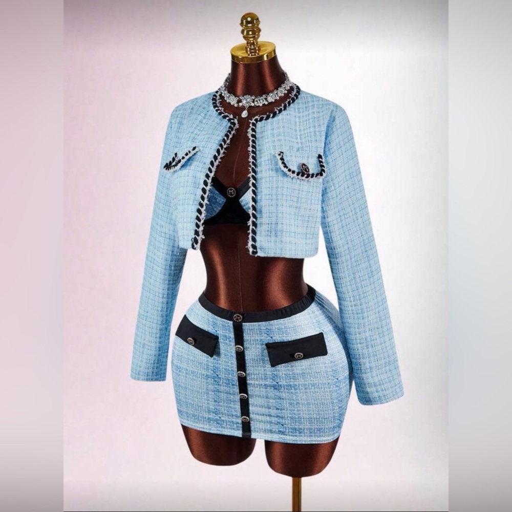 Chic Blue Tweed Skirt Set